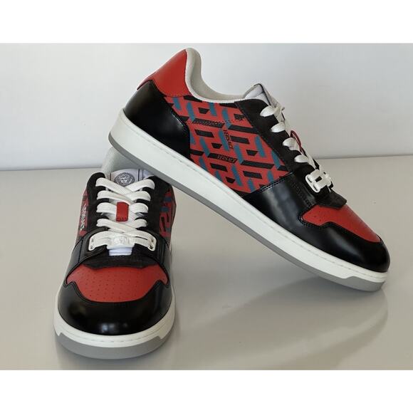 Versace Greca Men’s Leather Black/Orange Red Sneakers 10.5 US (43.5) 1013377 IT - Picture 8 of 15